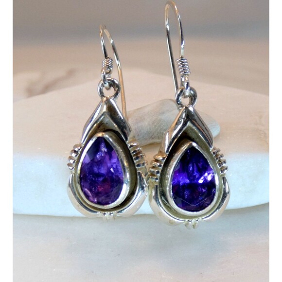 VTG Amethyst Designer Signed Sterling Silver Earrings - Picture 1 of 5